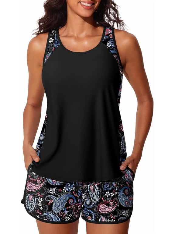 Blouson Tankini Swimsuits for Women 2025 Tummy Control Two Piece Bathing Suits with Sporty Pockets Swim Shorts