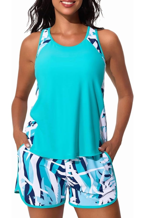 Blouson Tankini Swimsuits for Women 2025 Tummy Control Two Piece Bathing Suits with Sporty Pockets Swim Shorts