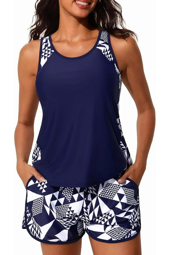 Blouson Tankini Swimsuits for Women 2025 Tummy Control Two Piece Bathing Suits with Sporty Pockets Swim Shorts