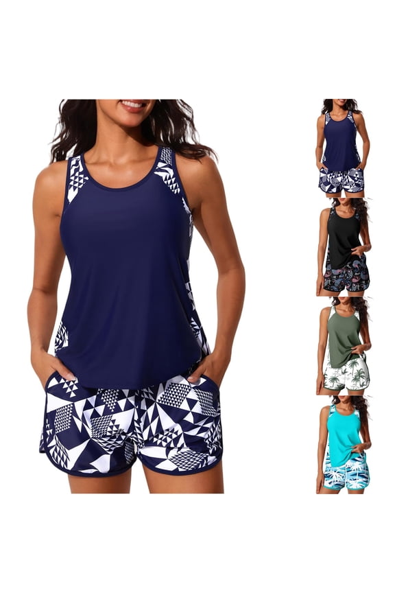 Summer Blouson Tankini Swimsuits for Women 2026 Modest Tummy Coverage Bathing Suits with Skirt and Built-in Shorts Cyan 2XL