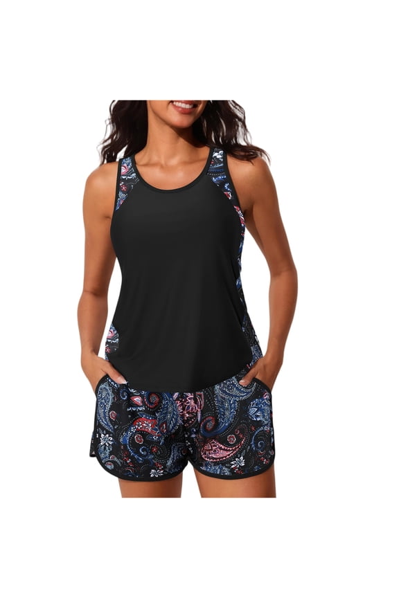 Summer Mae Blouson Tankini Swimsuits for Women 2026 Tummy Control Two Piece Bathing Suits with Sporty Pockets Swim Shorts Black L