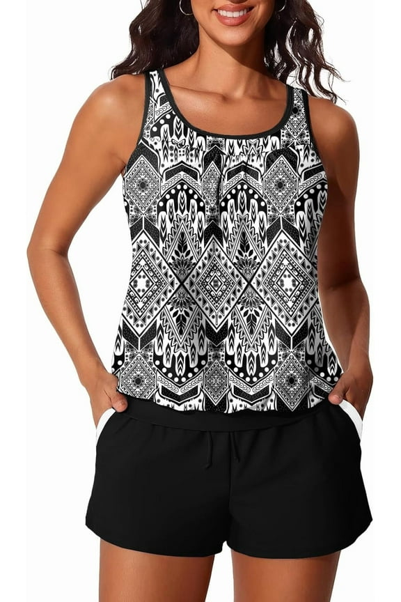 Blouson Women's Tankini Swimsuits Tummy Control Modest 2025 Two Piece with Sporty Pockets Bathing Suits