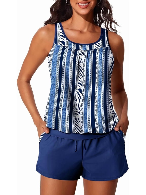Blouson Women's Tankini Swimsuits Tummy Control Modest 2025 Two Piece with Sporty Pockets Bathing Suits