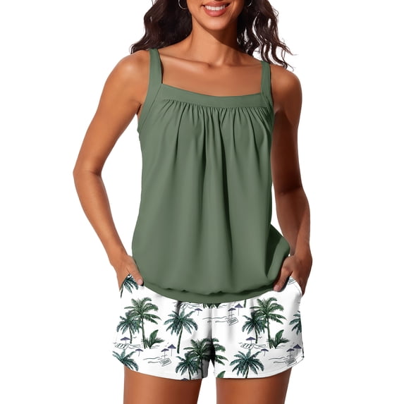 Summer Mae Blouson Womens Tankini Swimsuits 2026 Modest Tummy Control Bathing Suits Swim Shorts with Pockets for Beach