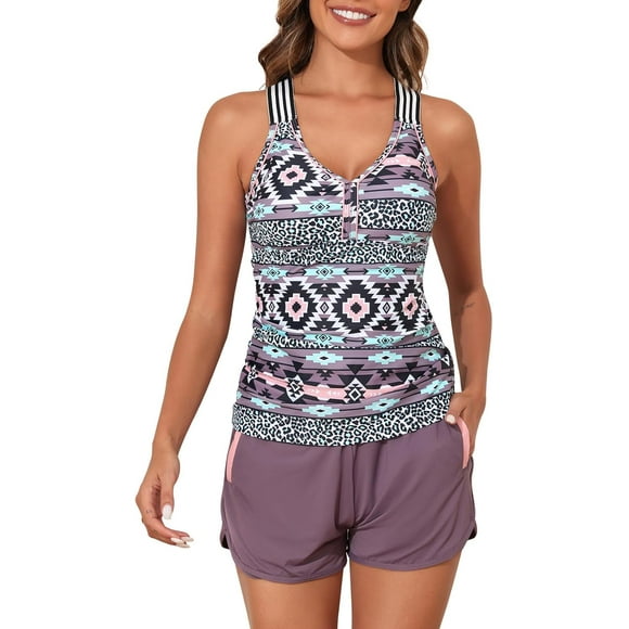 Modest Tankini Swimsuits for Women 2025 Two Piece Bathing Suits with Sporty Pockets Boy Shorts for Tummy Control
