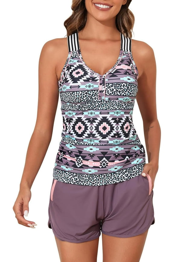 Modest Tankini Swimsuits for Women 2025 Two Piece Bathing Suits with Sporty Pockets Boy Shorts for Tummy Control