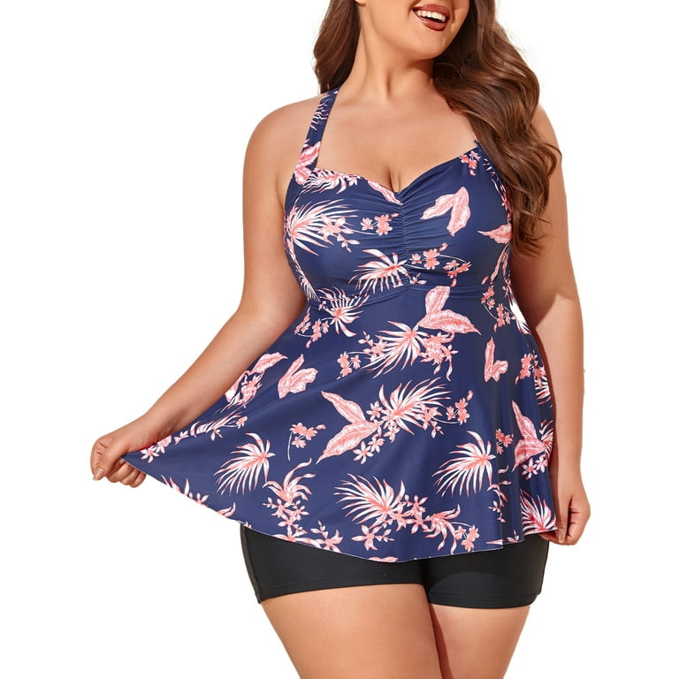 Viloree Womens Plus Size Tankini Sets with Shorts Swimsuits 2 Piece Swimwear  with Swim Top and Bottoms Blue & Flowers L - ShopStyle