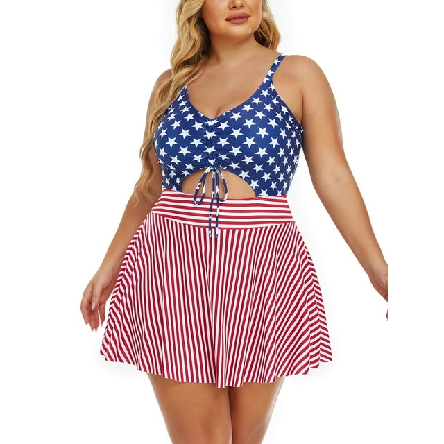 Summer Mae Women Plus Size One Piece Swimsuits with Skirt V Neck Floral