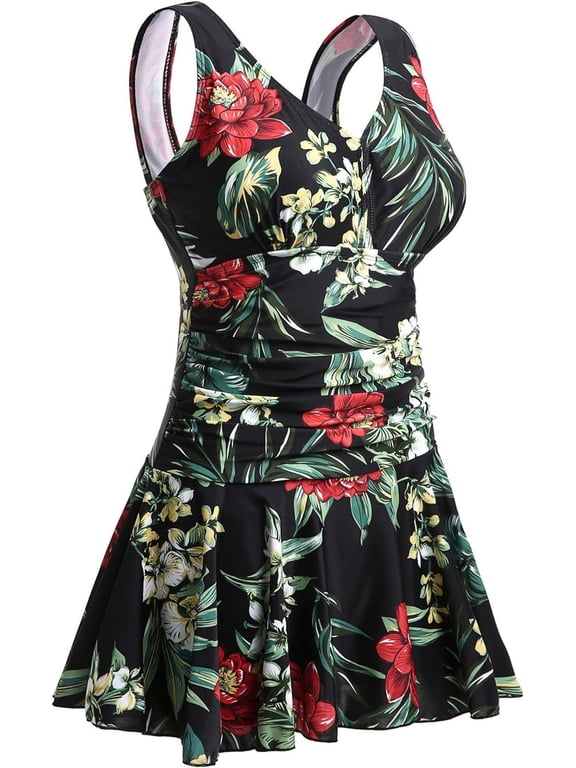 Women's Plus-Size Flower Printing Shaping Body One Piece Swim Dresses Swimsuit