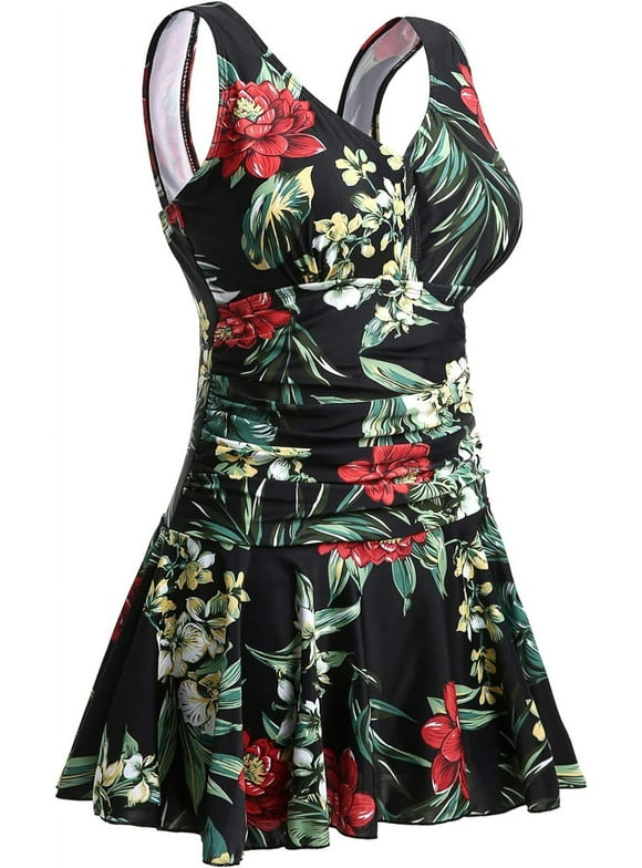 Women's Plus-Size Flower Printing Shaping Body One Piece Swim Dresses Swimsuit