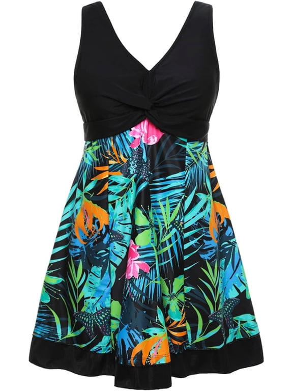 Womens Plus Size Swimsuits with Shorts One Piece Bathing Suit Floral Printed Swimwear Padded High Waist Swimdress