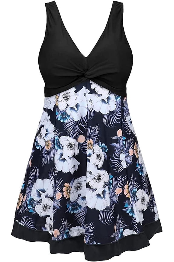 Womens Plus Size Swimsuits with Shorts One Piece Bathing Suit Floral Printed Swimwear Padded High Waist Swimdress