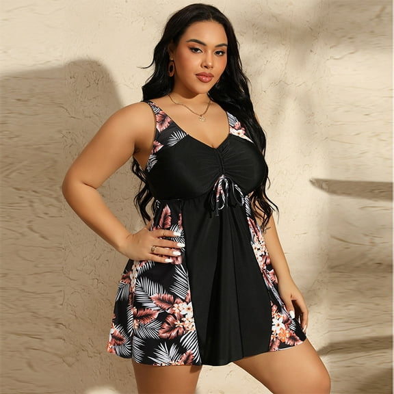 Summer Mae Womens Plus Size Swimsuits with Shorts One Piece Bathing Suit Floral Printed Swimwear Padded High Waist Swimdress