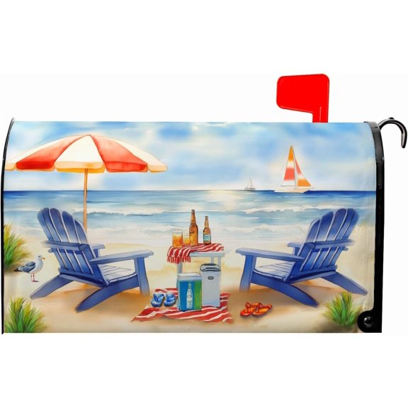 Summer Mailbox Covers Magnetic Beach Mailbox Cover Ocean View Mail Box Covers Sun Umbrella Post Letter Box Wraps Standard Size 21x18 inch Blue Chair Decorations for Outside Garden Yard