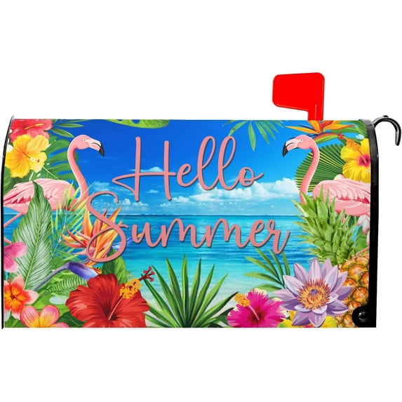 Summer Mailbox Covers Tropical Flamingo Floral Palm Leaves Fruit Mailbox Covers Magnetic Standard Size 25.5x21 Inch Beach Waterproof Mailbox Wraps Post Letter Box Covers Garden Yard Outdoor Decor