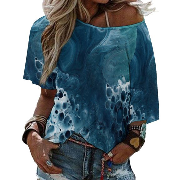 Summer Marble Texture Tops for Womens, Casual Vintage Short Sleeve T-Shirt, Loose Round Neck Elastic Tee
