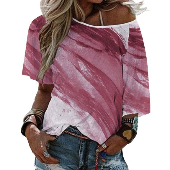 Summer Marble Texture Tops for Womens, Casual Vintage Short Sleeve T-Shirt, Loose Round Neck Elastic Tee