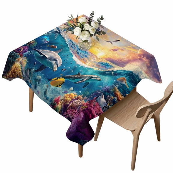 Summer Marina Life Square Tablecloth Tropical Seagull Tropical Fish Waterproof Wrinkle Free Soft Table Cloth Spill-Proof Washable Table Cover for Dining Party Picnic 54 x 54 Inch