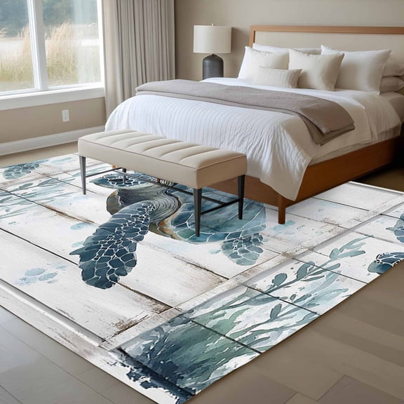 Summer Marine 6x9 Rug for Dining Room Table and Chair Setup, Retro Blue Turtle Seagrass Wood Texture Low Pile Washable Non Slip Rectangle Area Rug