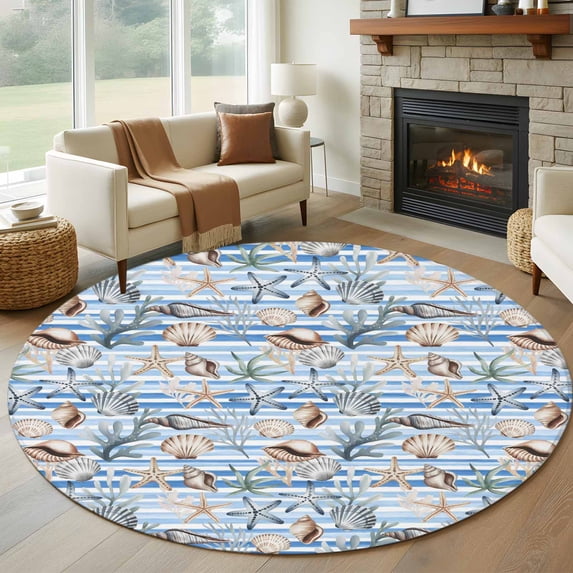 Summer Marine Creature Round Area Rug 6Ft Washable Circle Rugs for Bathroom Office, Ocean Starfish Coral Conch Blue Stripe Non-Slip Carpet Floor Mats Indoor Outdoor Carpet Runner Aesthetic Home Decor