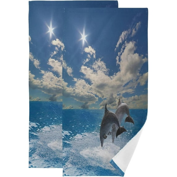 Summer Marine Dolphins Hand Towels 2 PCS, Sea Cute Animals Kitchen Towel Ultra Soft and Highly Absorbent,Decorative Fingertip Face Towel for Bathroom Hotel, 28.3"x14.4"