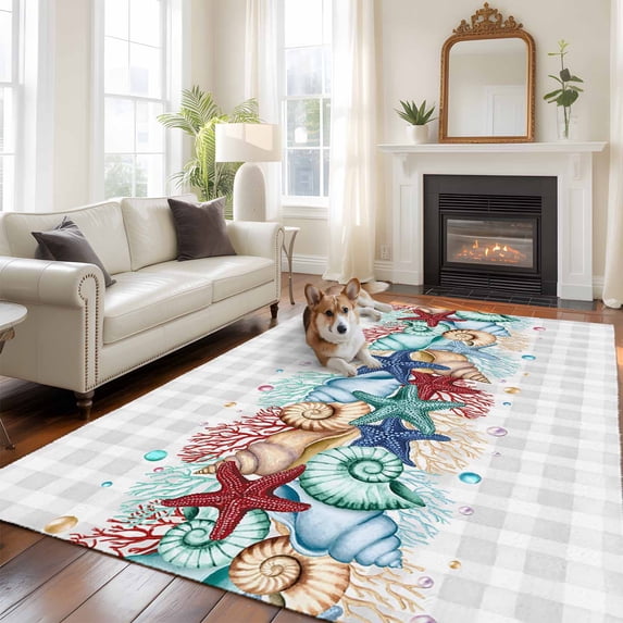 Summer Marine Large Area Rugs 5x8 ft Life Beach Starfish Shell Coral Grey Plaid Washable Rug Non Slip Indoor Carpet Absorbent Floor Mat for Living Room Bedroom Dining Room