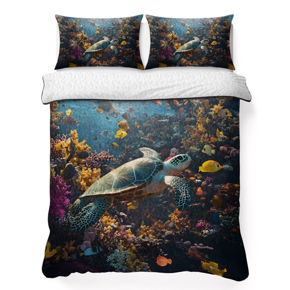 Summer Marine Life 3 Piece Quilt Bedding Set with 2 Pillow Shams, Modern Turtle Shark Coral Lightweight Bedspread Coverlet, Soft Breathable All Season Quilt, 68 x 86 Inch