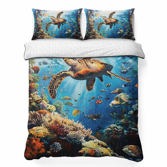 Summer Marine Life 3 Piece Quilt Bedding Set with 2 Pillow Shams, Ocean Turtle Shark Coral Lightweight Bedspread Coverlet, Soft Breathable All Season Quilt, 68 x 86 Inch