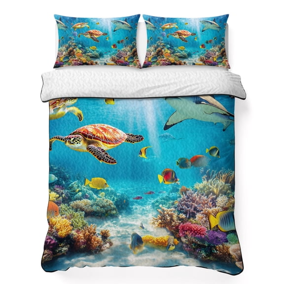 Summer Marine Life 3 Piece Quilt Bedding Set with 2 Pillow Shams, Ocean Turtles Coral Shark Lightweight Bedspread Coverlet, Soft Breathable All Season Quilt, 68 x 86 Inch