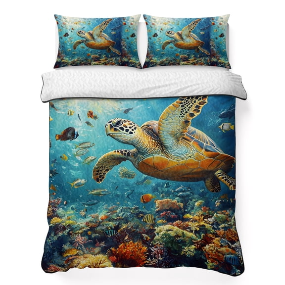 Summer Marine Life 3 Piece Quilt Bedding Set with 2 Pillow Shams, Ocean Turtles Shark Coral Lightweight Bedspread Coverlet, Soft Breathable All Season Quilt, 68 x 86 Inch