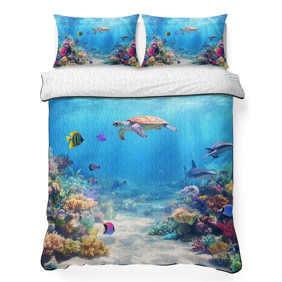 Summer Marine Life 3 Piece Quilt Bedding Set with 2 Pillow Shams, Ocean Turtles Shark Corals Lightweight Bedspread Coverlet, Soft Breathable All Season Quilt, 68 x 86 Inch