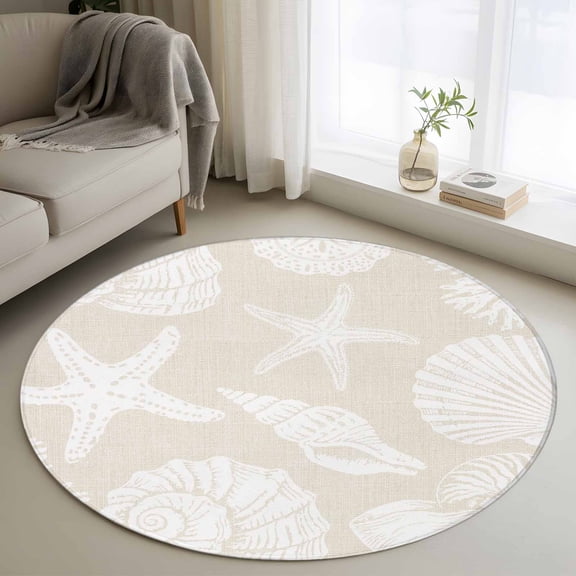 Summer Marine Life 3FT Round Area Rugs Graffiti Corals Shell Conch Sea Starfish Retro Soft Small Round Rug Non-Slip, Ultra-Thin Indoor Circle Carpet for Bedroom Entryway Kitchen Bathroom