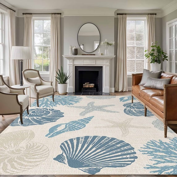 Summer Marine Life 5x7 Area Rugs for Living Room, Graffiti Corals Blue Shell Conch Sea Starfish Linen Non Slip Floor Mat Washable Low-Profile Indoor Carpet for Bedroom, Dining Room, Bathroom