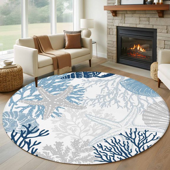 Summer Marine Life 7FT Round Area Rugs for Living Room Graffiti Blue Corals Shell Sea Conch Starfish Ultra-Thin Non-Slip Round Rugs Machine Washable Low Pile Circle Carpet for Bedroom Kitchen Nursery
