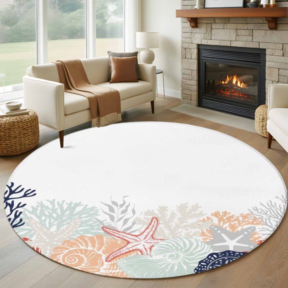 Summer Marine Life 7ft Round Rug for Living Room Conversation Area, Ocean Gray Coral Coastal Starfish Conch Washable Non Slip Large Circle Area Rug