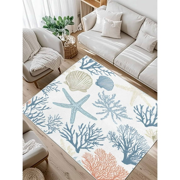 Summer Marine Life Area Rug for Bedroom 3x5 Ft Ocean Coral Starfish Art Line Super Soft fuzzy Throw Rug Non-Slip Fluffy Plush Indoor Floor Carpet for Living Room Nursery Home Decor