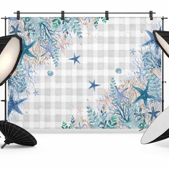 Summer Marine Life Backdrop for Photography, Watercolor Blue Starfish Ocean Bubble Gray Plaid Photo Backdrop Portrait Background Party Banner Photo Backgrounds for Studio Booth Props, 7x5ft