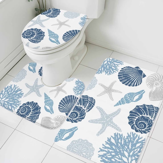 Summer Marine Life Bathroom Rugs Set Graffiti Coral Shell Conch Sea Blue Starfish Non Slip Absorbent Soft Bath Mats 3 Piece Set with Bathroom Rug, U-Shaped Floor Mat, Toilet Seat Cover Large Size