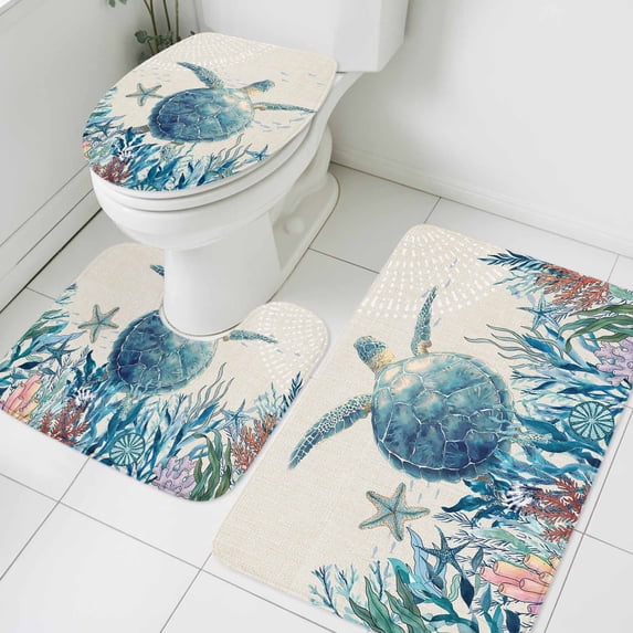 Summer Marine Life Bathroom Rugs Set Ocean Sea Turtle Starfish Coral Vintage Non Slip Absorbent Soft Bath Mats 3 Piece Set with Bathroom Rug, U-Shaped Floor Mat, Toilet Seat Cover Large Size