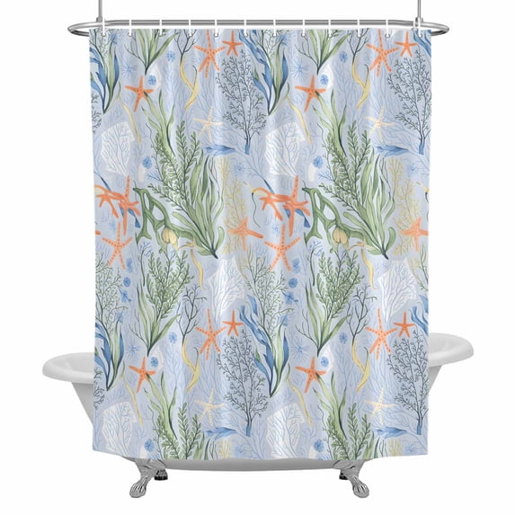 Summer Marine Life Bathroom Shower Curtain, Blue Starfish Coral Shell Waterproof Washable Soft Bath Curtain for Bathtub Decor with 12 Hooks&Grommet, 36x78 Inch