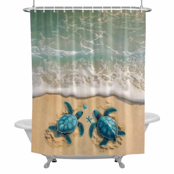 Summer Marine Life Bathroom Shower Curtain, Ocean Beach Wave Turtle Waterproof Washable Soft Bath Curtain for Bathtub Decor with 12 Hooks&Grommet, 72x72 Inch