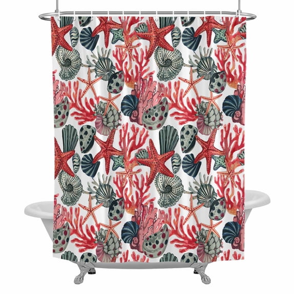 Summer Marine Life Bathroom Shower Curtain, Watercolor Starfish Coral Shell Waterproof Washable Soft Bath Curtain for Bathtub Decor with 12 Hooks&Grommet, 66x72 Inch