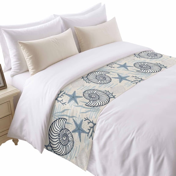 Summer Marine Life Bed Runner for Queen Size Bed, Nautical Starfish Ocean Conch Coral Coastal Retro Soft Bedding Scarf Bedding Protector Slipcover Sofa Throw for Bedroom Hotel Guesthouse