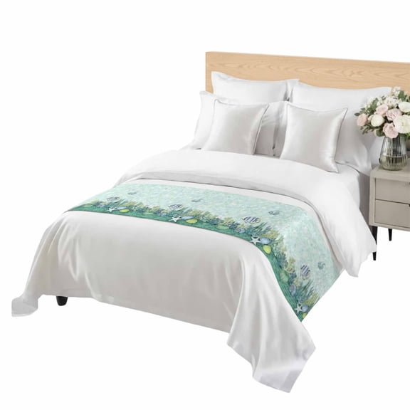 Summer Marine Life Bed Runner for Queen Size Bed, Tropical Fish Ocean Starfish Conch Sea Shell Soft Bedding Scarf Bedding Protector Slipcover Sofa Throw for Bedroom Hotel Guesthouse