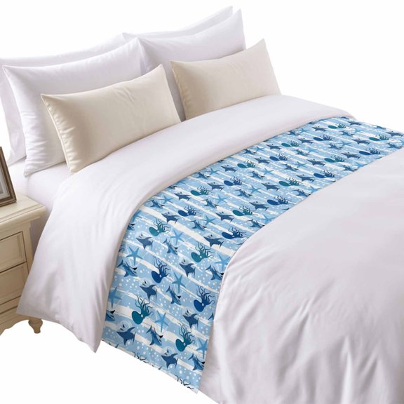 Summer Marine Life Bed Runner for Queen Size Bed, Watercolor Octopus Shark Ocean Starfish Bubbles Soft Bedding Scarf Bedding Protector Slipcover Sofa Throw for Bedroom Hotel Guesthouse