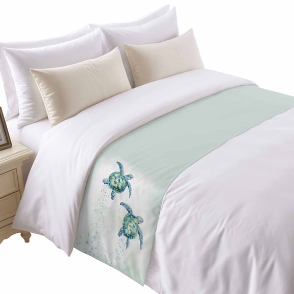 Summer Marine Life Bed Runner for Twin Size Bed, Ocean Pair Sea Turtle Water Splash Coastal Soft Bedding Scarf Bedding Protector Slipcover Sofa Throw for Bedroom Hotel Guesthouse