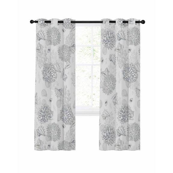Summer Marine Life Blackout Curtains for Bedroom Living Room, Abstract Line Drawing Coral Conch Coastal 63 In Long Thermal Insulated Room Darkening Drapes Grommet Window Treatments, 42 x 63 In