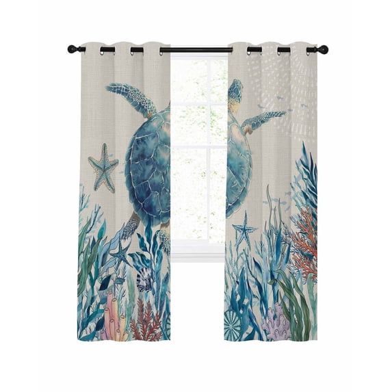 Summer Marine Life Blackout Curtains for Bedroom Living Room, Ocean Sea Turtle Starfish Coral Vintage 84 In Long Thermal Insulated Room Darkening Drapes Grommet Window Treatments, 42 x 84 In