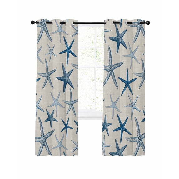Summer Marine Life Blackout Curtains for Bedroom Living Room, Watercolor Blue Starfish Ocean Landscape 54 In Long Thermal Insulated Room Darkening Drapes Grommet Window Treatments, 52 x 54 In
