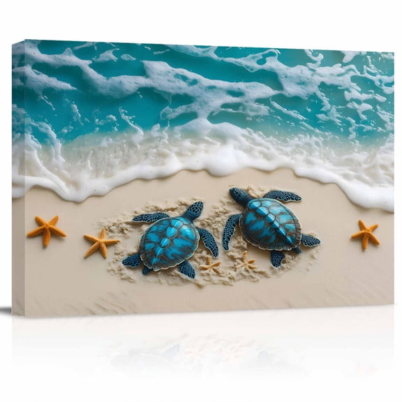 Summer Marine Life Canvas Print Wall Art Ocean Beach Wave Blue Turtle Pictures Painting Morden Artwork for Living Room Bedroom, Ready to Hang - 12"x16"